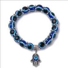 Load image into Gallery viewer, Evil Eye Bracelet | Malfortune Repellent | Protection Symbol | Hamsa | Hand of Fatima | Blue Turkish Beads
