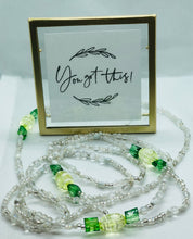 Load image into Gallery viewer, “Money” Waist Beads with clasps Clear, White &amp; Green Beads
