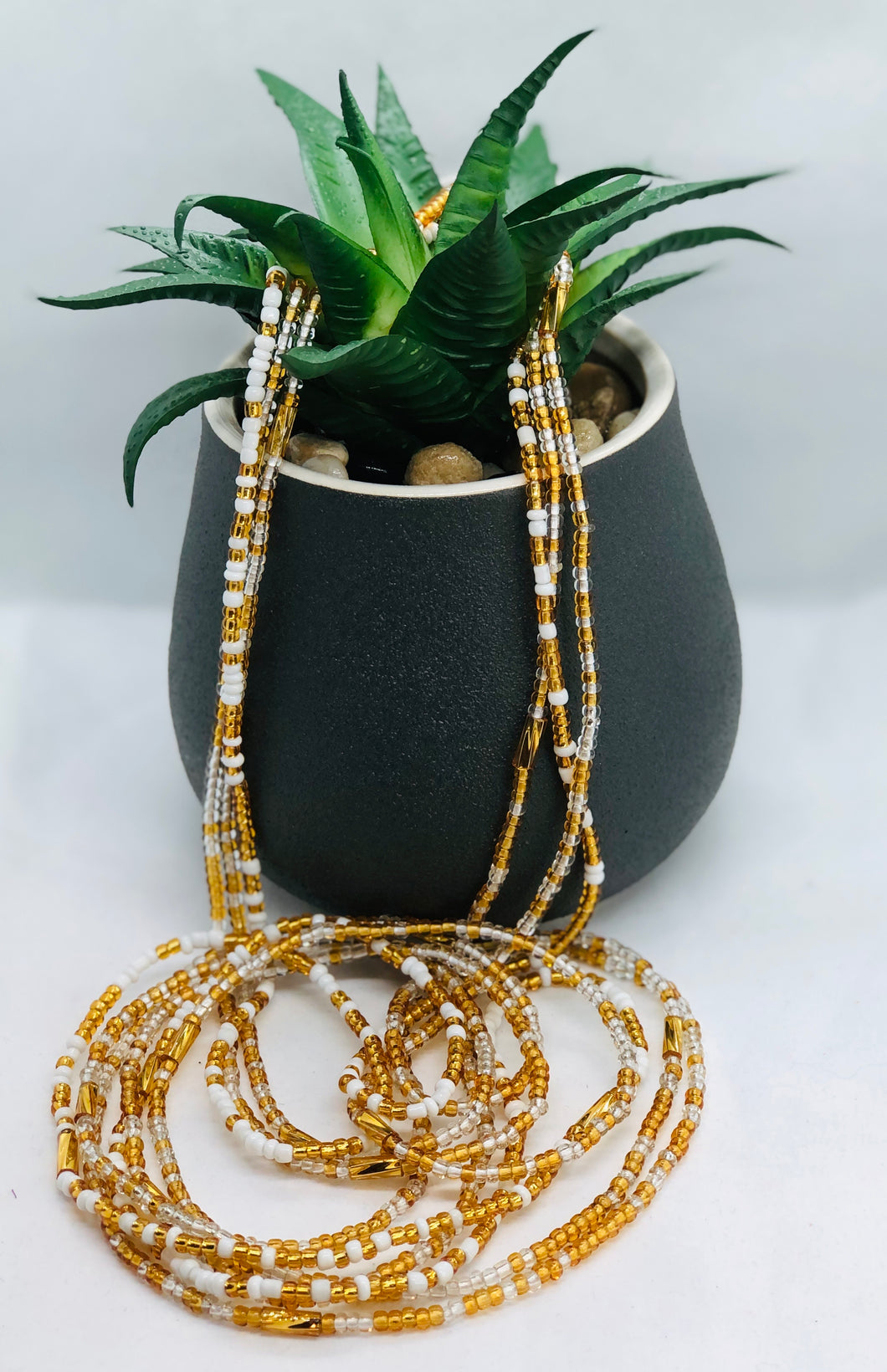 “She has Bling” Tie On Waist Bead Gold, White & Clear Beads