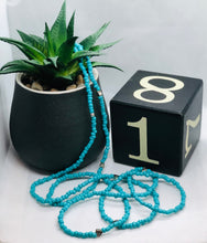 Load image into Gallery viewer, “Open Minded” Waist Beads with clasps Teal Blue Beads with Silver Heart Charms
