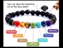 Load image into Gallery viewer, Lava stones and real 7 chakra stones bracelet - crystals and healing stones - Essential Oil Diffuser Bracelet - Stress relief bracelets

