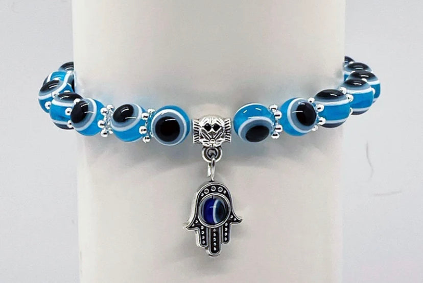 Turkish Light Blue Evil Eye Bead Bracelet - Mal de Ojo - Hamsa Stretch Bracelet Hand of Fatima Good Luck & Protection