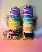 Load image into Gallery viewer, 7 Chakra White Sage Smudge Stick with Dried Rose Petals
