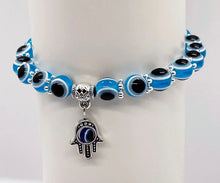 Load image into Gallery viewer, Turkish Light Blue Evil Eye Bead Bracelet - Mal de Ojo - Hamsa Stretch Bracelet Hand of Fatima Good Luck &amp; Protection
