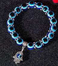 Load image into Gallery viewer, Evil Eye Bracelet | Malfortune Repellent | Protection Symbol | Hamsa | Hand of Fatima | Blue Turkish Beads
